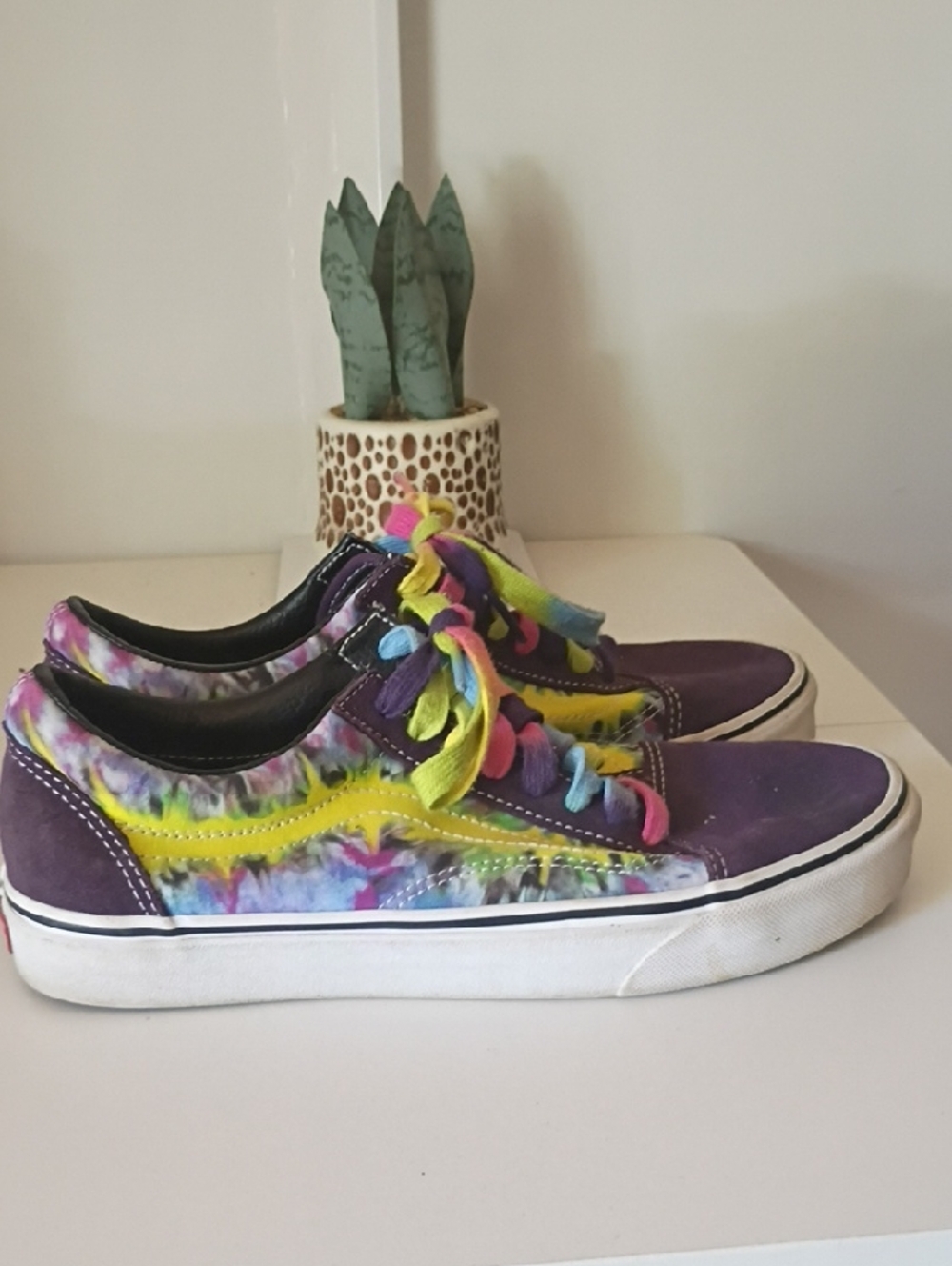 Vans Purple Suede Low-Tops with Yellow Stripe and Multicolor Tie-Dye